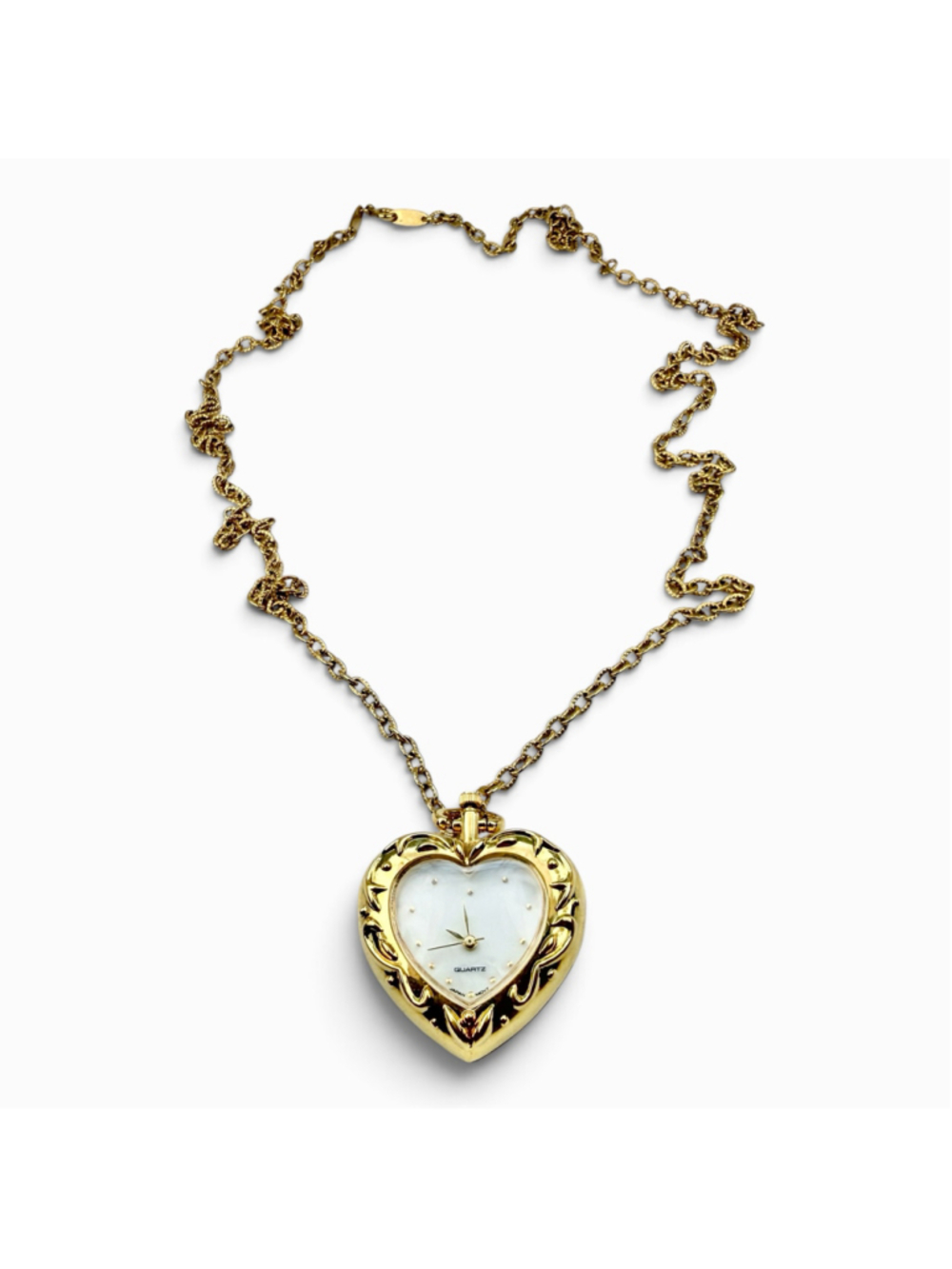 Vintage Avon Heart Watch Necklace Long Gold Tone Quartz Pendant Jewelry